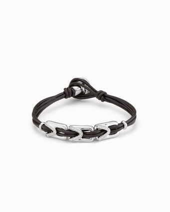 Bracelet en cuir avec 3 maillons plaqués argent avec topazes et fermoir bouton