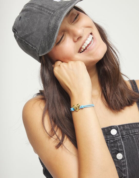 Blue elastic thread bracelet with heart, Golden, large
