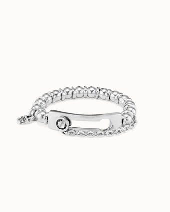 Bracelet élastique plaqué argent avec boules et un maillon central avec cristal