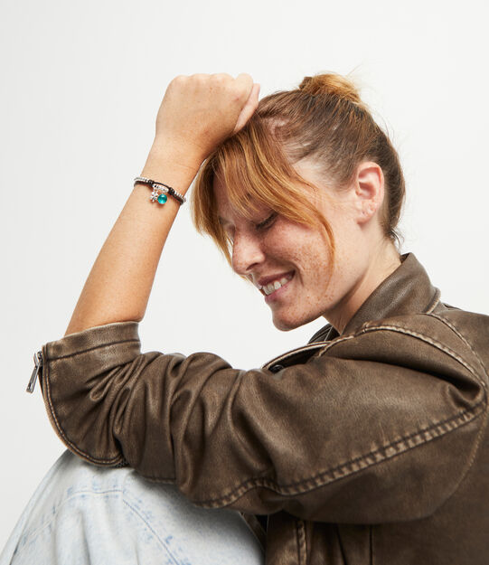 Leather beaded bracelet with green murano glass, Silver, large
