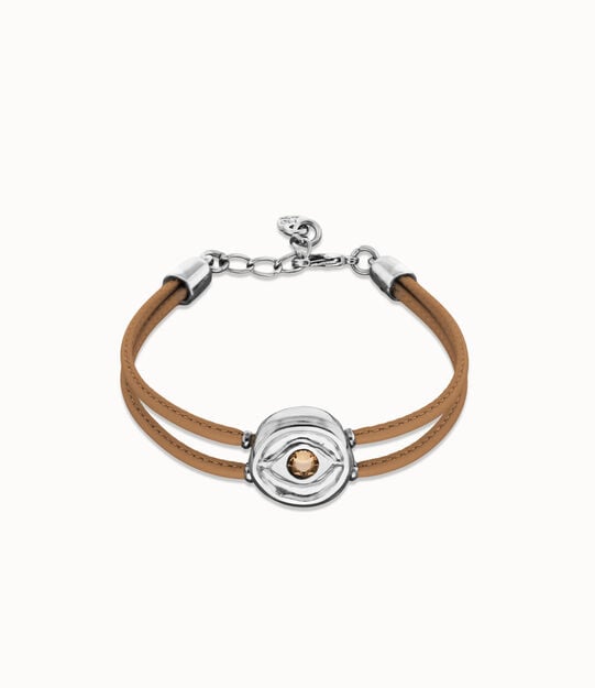 Pulsera doble de cuero crema con ojo bañado en plata de ley