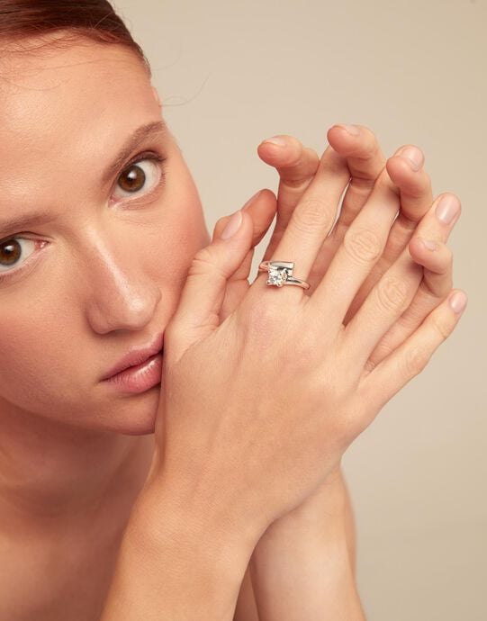 Ring with white cubic zirconia, Silver, large