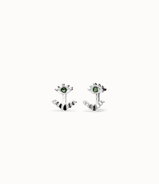 Pendientes bañados en plata en forma de ojo con pestañas y cristal facetado verde