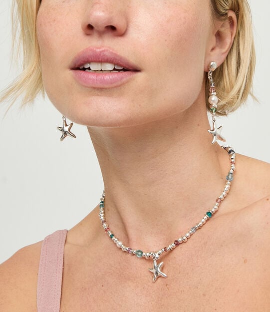 Necklace with crystals and small starfish, Silver, large