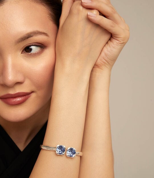 Bangle bracelet with two blue crystals, Silver, large
