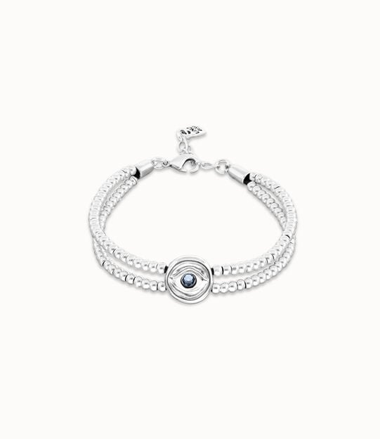 Pulsera de bolas doble bañada en plata de ley con detalle de ojo y cristal azul