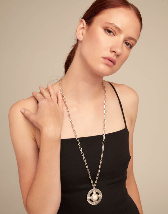 Long pendant necklace with pearl, Silver, large