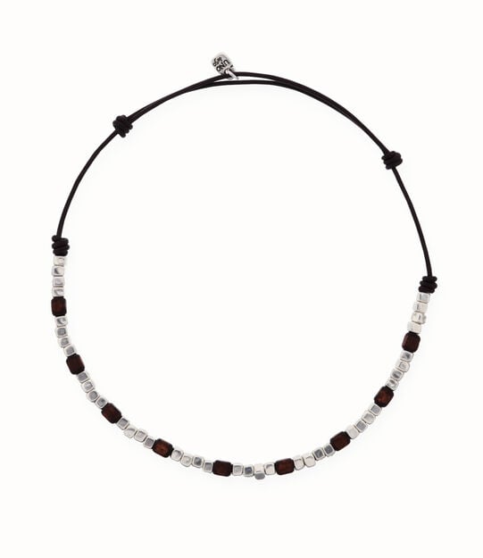 Leather necklace with silver and wooden beads