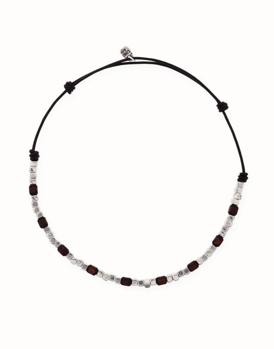 Collar de cuero con cuentas en plata y madera