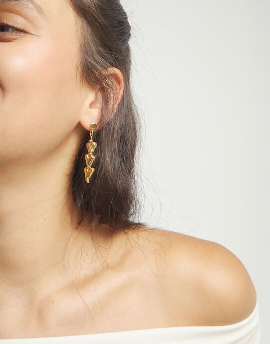 Drop earrings with chained hearts, Golden, large