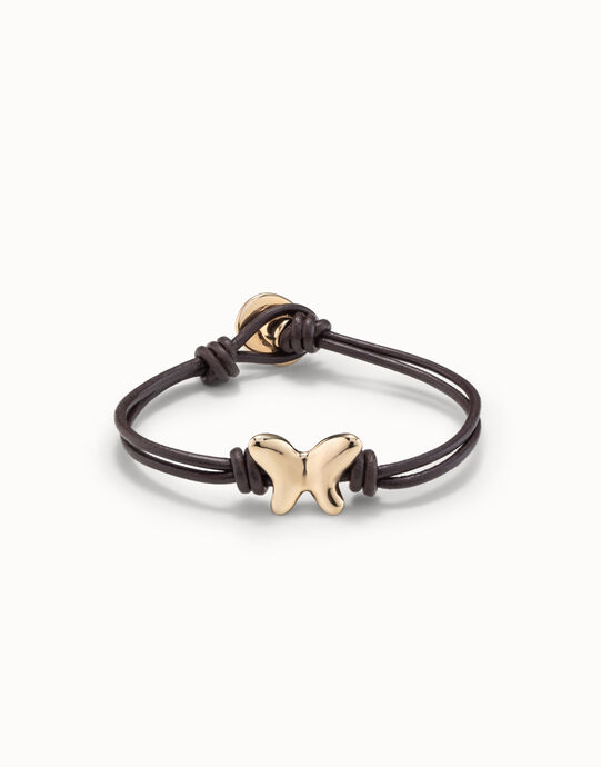 Pulsera con tiras de cuero ba&ntilde;ada en oro 18K