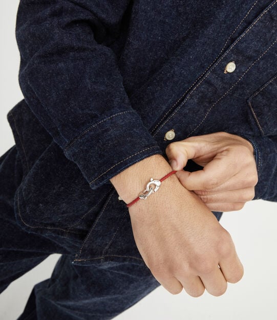 Red leather bracelet with interlocking carabiner, Silver, large