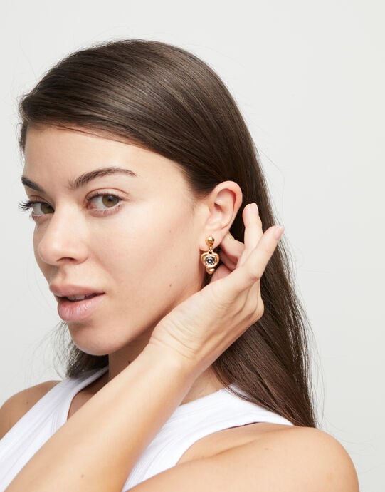 Drop earrings with a heart and black crystal, Golden, large