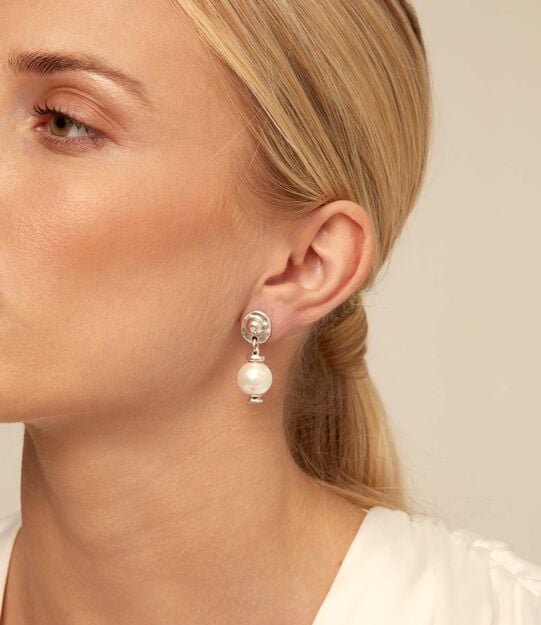 Sterling silver-plated drop earrings with pearl, Silver, large