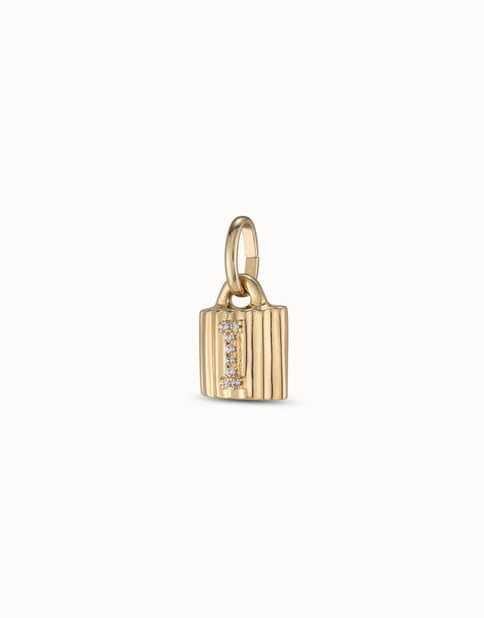 Charm candado ba&ntilde;ado en oro de 18K ley con letra de topacios I, Dorado, large