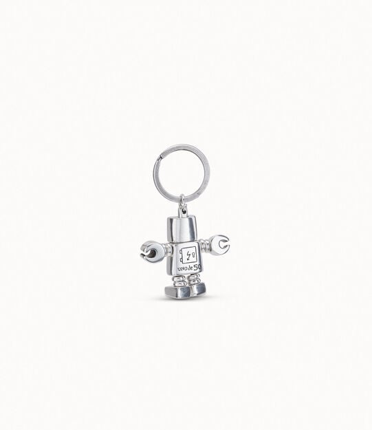 Sterling silver-plated engraved robot and logo key-ring, , large