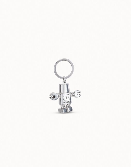 Porte-cl&eacute;s plaqu&eacute; argent en forme de robot et logo, , large