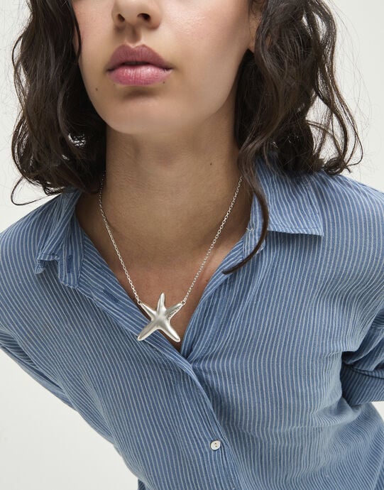 Collar medio ba&ntilde;ado en plata con estrella de mar, Plateado, large
