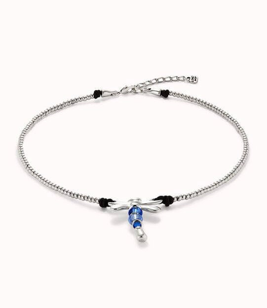 Collana corta placcata argento sterling con libellula e cristalli artigianali blu