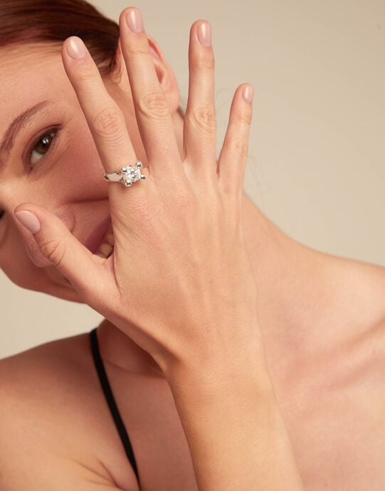 Double white zirconia ring, Silver, large