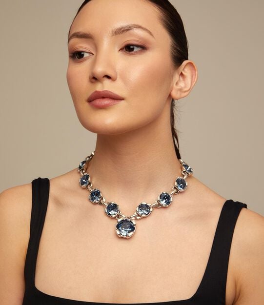 Necklace with 12 faceted blue crystals, Silver, large