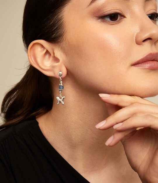 Earrings with blue crystal and butterfly, Silver, large