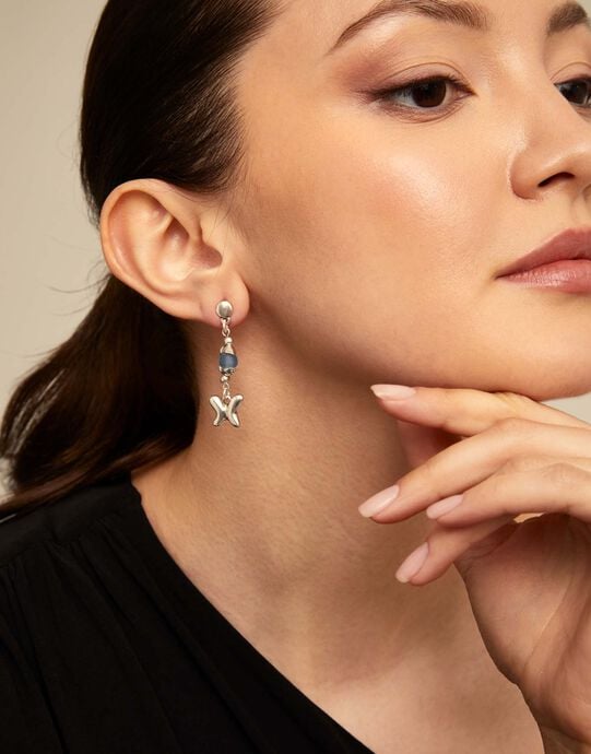 Earrings with blue crystal and butterfly, Silver, large