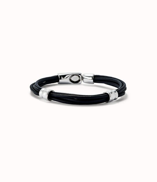 Pulsera de cuero múltple con 2 circunferencias bañado en plata de ley