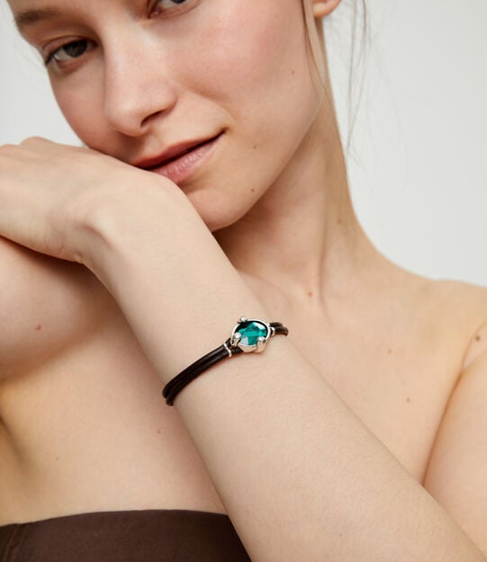 Leather bracelet with green oval faceted crystal, Silver, large