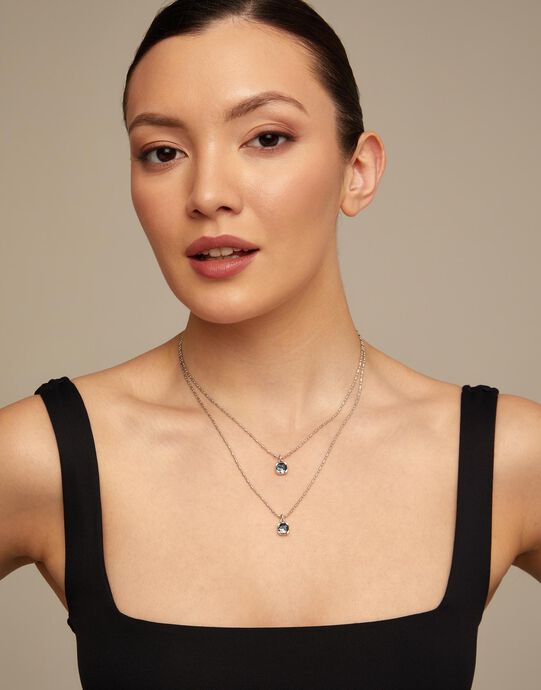 Long pendant chain necklace with crystals, Silver, large