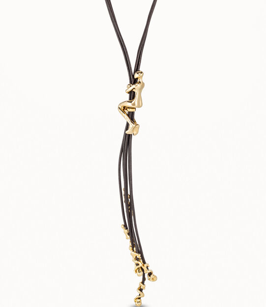 Collar largo de cordones de cuero bañado en oro de 18k