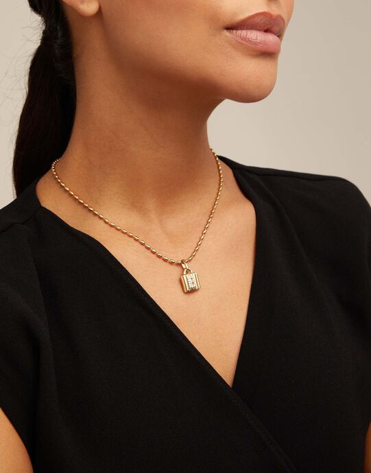 Charm candado ba&ntilde;ado en oro de 18K ley con letra de topacios B, Dorado, large