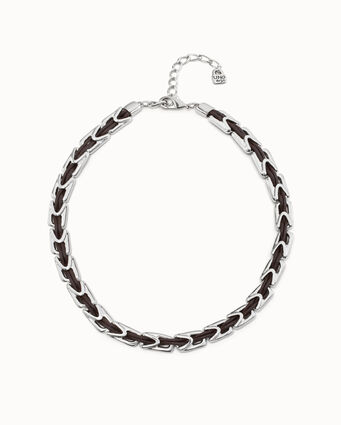 Short leather necklace with sterling silver-plated links.