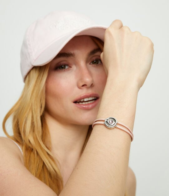 Pulsera doble de cuero rosa con ojo ba&ntilde;ado en plata de ley, Plateado, large