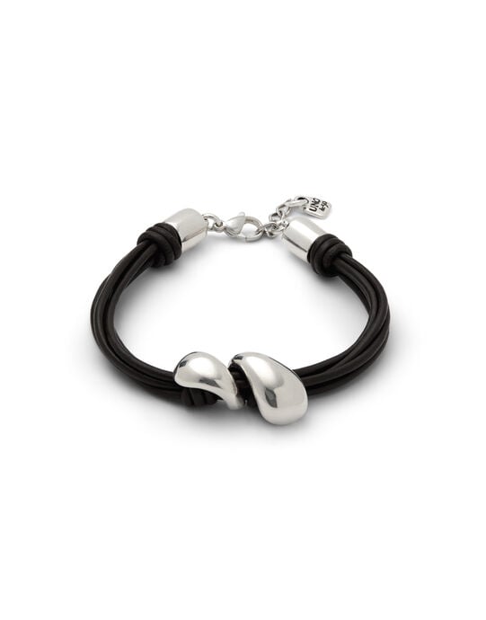 Pulsera en cuero con dos gotas ba&ntilde;adas en plata