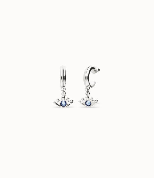 Pendientes de aro bañados en plata de ley con forma ojo y cristal facetado azul