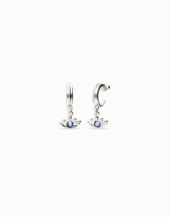 Pendientes de aro ba&ntilde;ados en plata de ley con forma ojo y cristal facetado azul