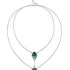 Double necklace with two drop-shaped pendants featuring blue faceted crystals