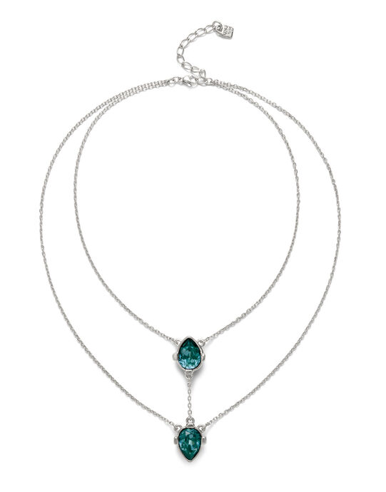 Double necklace with two drop-shaped pendants featuring blue faceted crystals