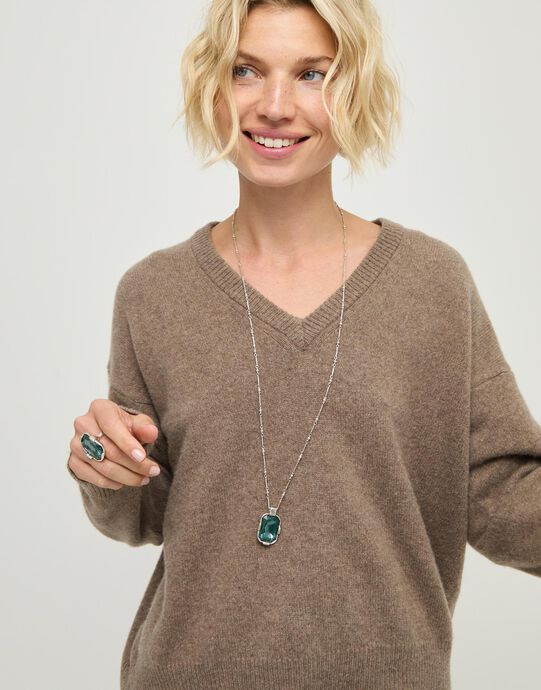 Multi-position necklace with a rectangular green faceted crystal, Silver, large