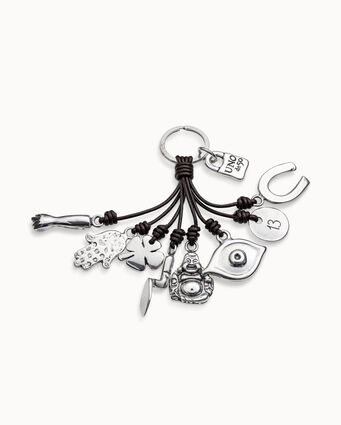 Leather key-ring and sterling silver-plated charms