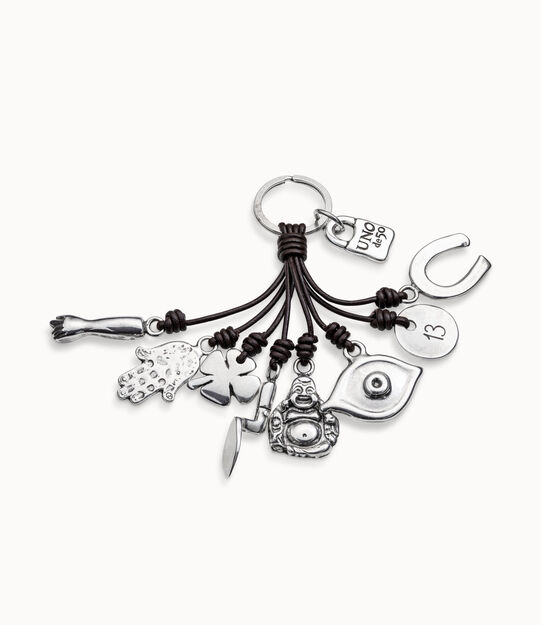Leather key-ring and sterling silver-plated charms