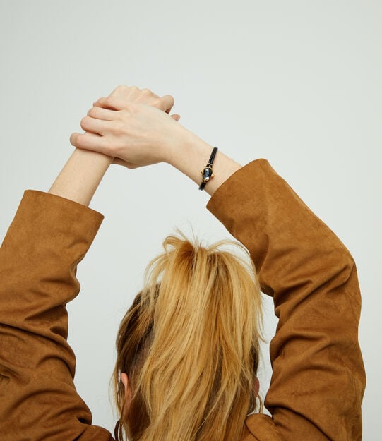 Leather bracelet with faceted black oval crystal, Golden, large
