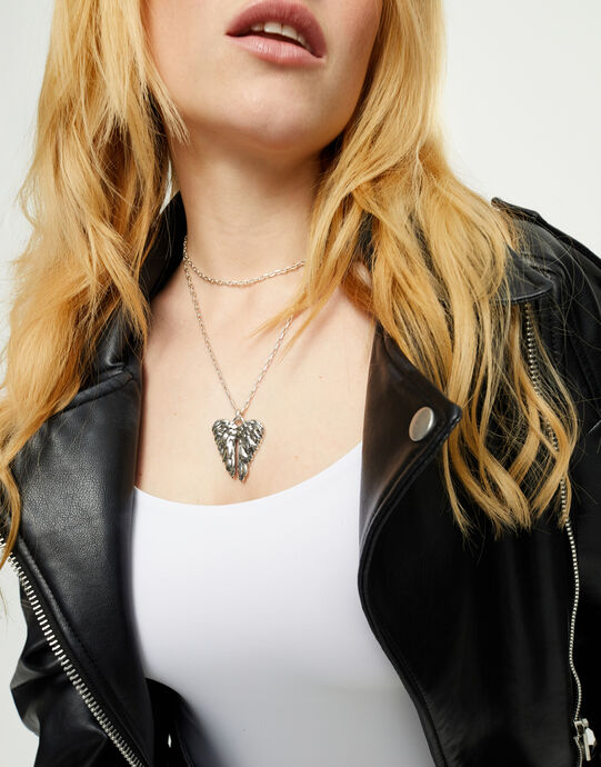 Collier long en argent sterling avec d&eacute;tail d ailes, Argent, large