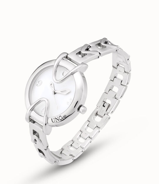 Sterling silver-plated watch with metal strap and round white dial, Silver, large