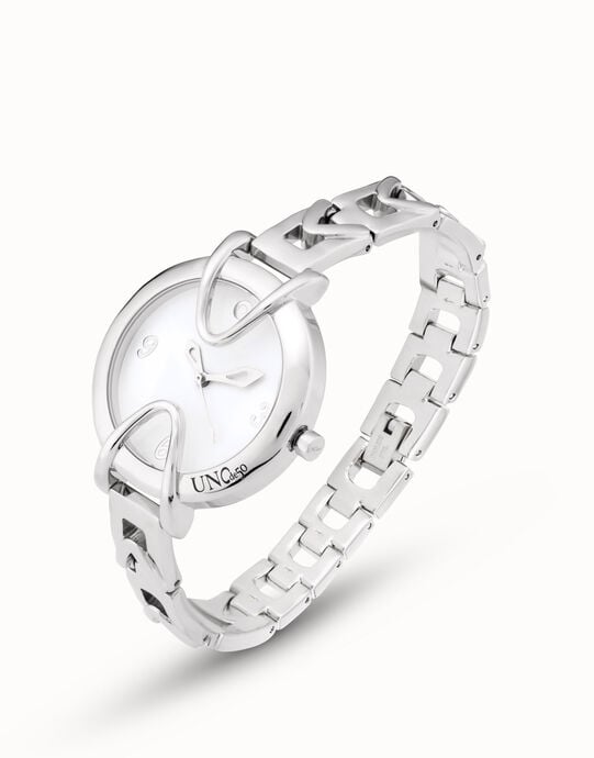 Reloj ba&ntilde;ado en plata de ley con correa met&aacute;lica y esfera redonda con interior blanco, Plateado, large