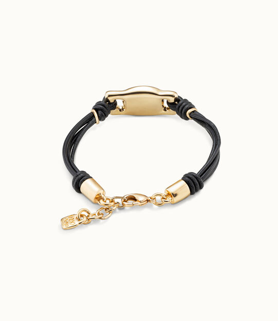 Pulsera de cuero marr&oacute;n con abalorio ba&ntilde;ado en oro de 18k rectangular y perla, Dorado, large