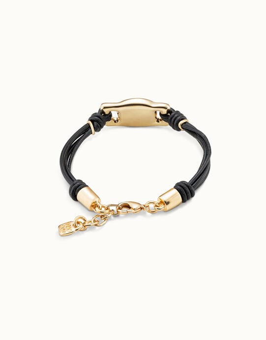 Brown leather bracelet with rectangular white bead, Golden, large