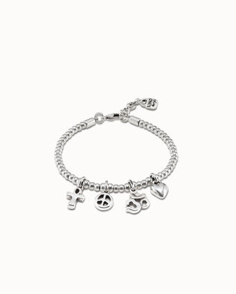 Sterling silver-plated bracelet with bead chain, 4 charms and carabiner clasp
