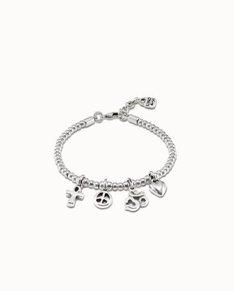 Pulsera bañada en plata de ley con cadena de bolas, 4 charms y cierre mosquetón